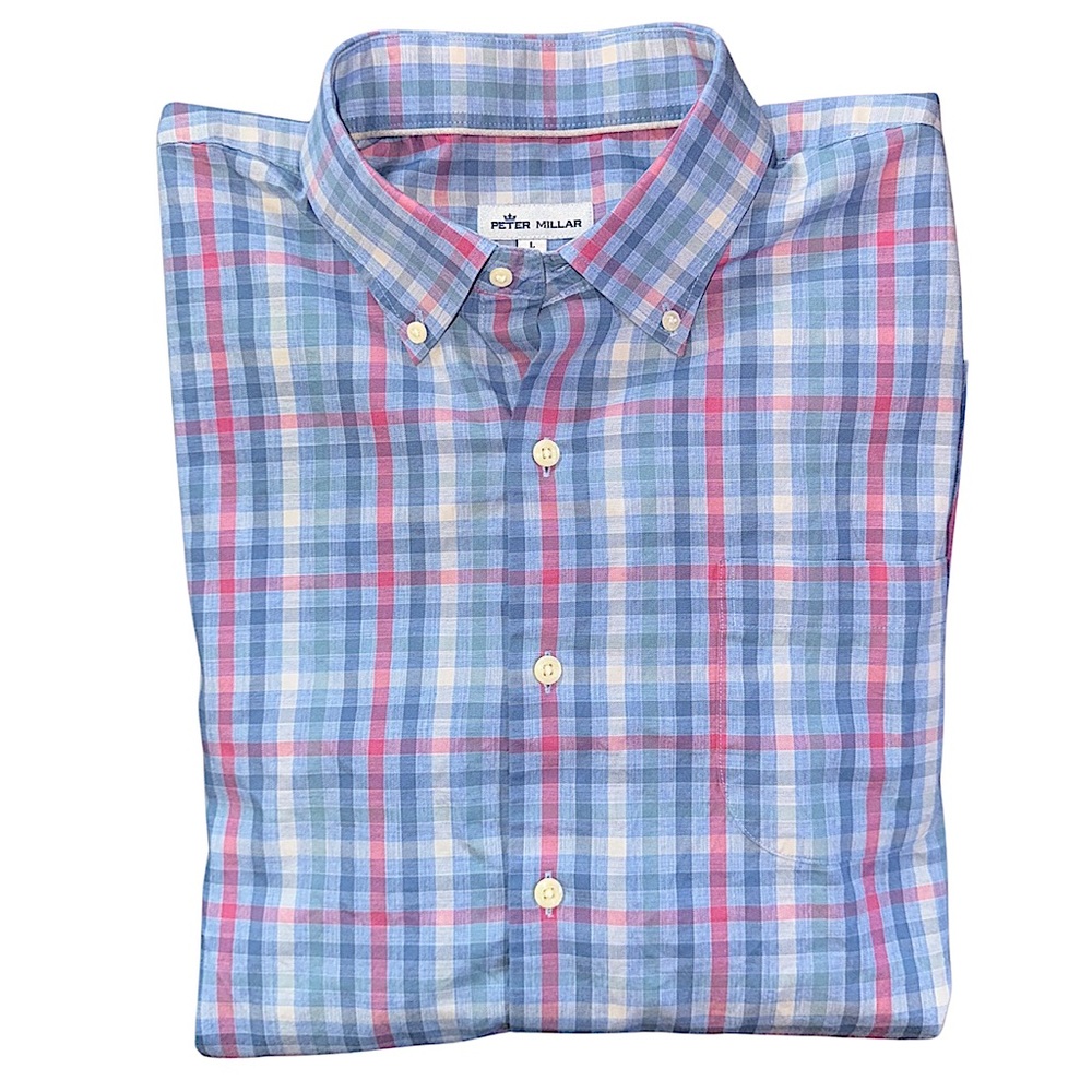 Peter Millar Crown Sport Shirt Acadia Falls Plaid Pink Blue